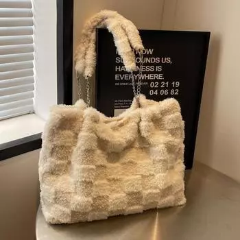 Модная плюшевая клетчатая модная женская сумка-тоут, новинка зимы 2023, модная милая цепочка на одно плечо, большая вместительность