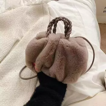 Модная плюшевая сумка с высокой текстурой и плетеной ручкой в виде облака, большая вместимость, сумки для девочек из искусственного меха, милая тыква, осень-зима, новая универсальная женская сумка через плечо серый