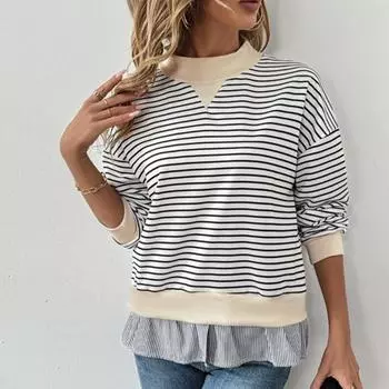 Модная поддельная толстовка из двух частей с женским полосатым принтом, с высоким воротом и длинными рукавами, пуловер, толстовка, весна-осень, новый тренд S