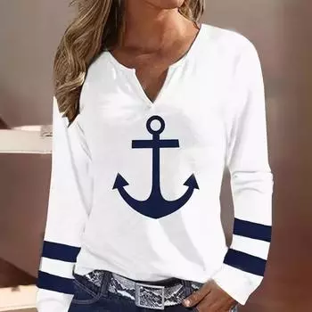 Модная полосатая футболка с длинными рукавами и узором «якорь», женская модная уличная одежда с V-образным вырезом, однотонная футболка, свободная женская одежда 1XL белый