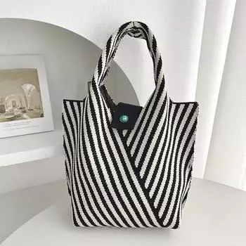 Модная полосатая вязаная мини-сумка-тоут для женщин и девушек, повседневная сумка через плечо, студенческая сумка, ретро-холщовая сумка-ведро чёрный
