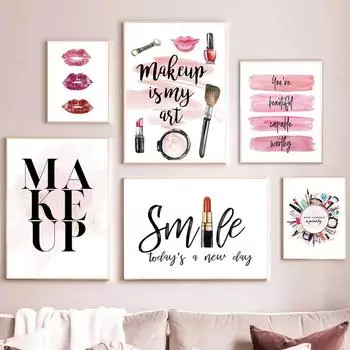 Модная помада Косметика Кисть Плакаты и принты Настенные художественные картины Косметические картины на холсте для красоты Девичья комната Домашний декор 21x30cm No Framed