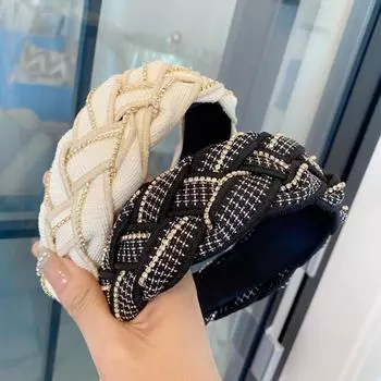 Модная повязка на голову для женщин, широкий боковой тюрбан, плетеный головной убор ручной работы с блестящими стразами, аксессуары для волос чёрный