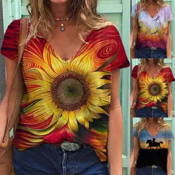 Модная повседневная блузка с коротким рукавом и v-образным вырезом с принтом, футболка больших размеров, женские топы