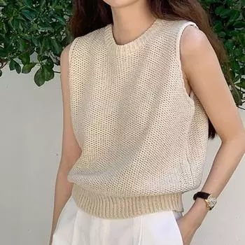 Модная повседневная блузка с круглым вырезом, женская летняя тонкая трикотажная майка без рукавов, женская однотонная повседневная элегантная свободная женская рубашка 25010 One Size абрикосовый