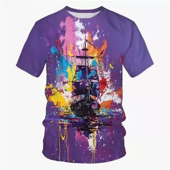 Модная повседневная футболка для мужчин и женщин с графическим принтом в стиле уличного искусства, новая футболка с 3D-принтом и рисунком парусников, масляная живопись, круглый вырез, короткий рукав, футболки S