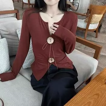 Модная повседневная футболка с длинным рукавом и V-образным вырезом для женщин, осенняя элегантная плиссированная футболка со шнуровкой, женская одежда, однотонные элегантные облегающие футболки 24834 One Size белый