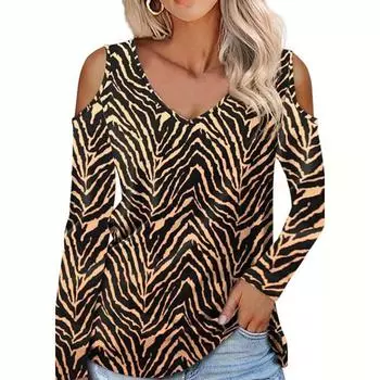 Модная повседневная футболка с длинным рукавом и открытыми плечами, V-образным вырезом, полосатым принтом, блузка, топ для женщин S