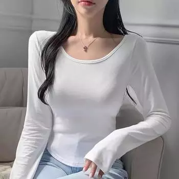 Модная повседневная футболка с длинным рукавом и круглым вырезом, женская, элегантная, весенняя и зимняя, облегающая, однотонная, тонкая, офисная, женская, укороченная футболка 26003 One Size белый