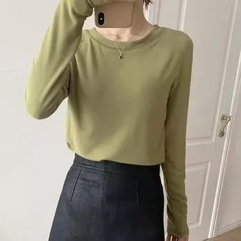 Модная повседневная футболка с длинным рукавом, простая базовая футболка, облегающая белая женская футболка, элегантный круглый вырез, весенне-осенний женский однотонный пуловер, футболки, топы 2319 S белый