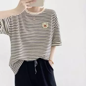 Модная повседневная футболка с круглым вырезом и коротким рукавом в белые полосы, футболка большого размера, женские топы, летние хлопковые футболки с вышивкой в стиле хип-хоп, уличная одежда M белый