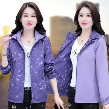 Модная повседневная куртка с капюшоном и принтом с обеих сторон, женская куртка на весну и осень для женщин среднего возраста, обтянутая кожей и тонкая молния, кардиган M лавандовый