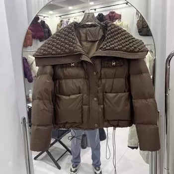 Модная повседневная куртка с высокой талией, маленькая, женская, короткая, свободная, утолщенная, с вышивкой, с большими лацканами, маленькая, зимняя одежда average size, recommended within 70kg