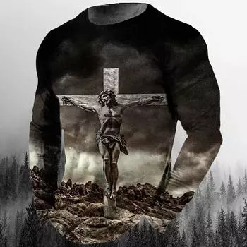 Модная повседневная мужская футболка с длинным рукавом с 3D-принтом в стиле ретро с изображением Иисуса Христа, уличная личность, свободный O-образный воротник, Harajuku, большой топ S