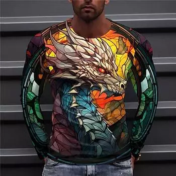 Модная повседневная мужская футболка с графическим драконом и 3D принтом, спортивная футболка, синяя, фиолетовая, оранжевая, с длинным рукавом, с круглым вырезом, одежда S