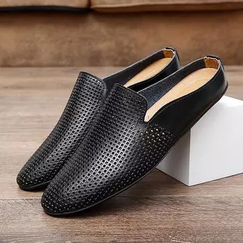 Модная повседневная мужская обувь для отдыха на природе, модные новые кожаные мокасины для вождения, летние полутапочки без застежек для мужчин, мюли, мокасины, пляжные сандалии 36 чёрный