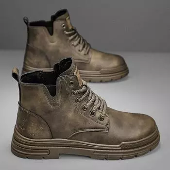 Модная повседневная обувь Мотоциклетные ботинки Мужские мокасины Высокие берцы с круглым носком Кожаные защитные ботинки Высокие ботинки Мужская повседневная обувь Зимняя мода 39 хаки