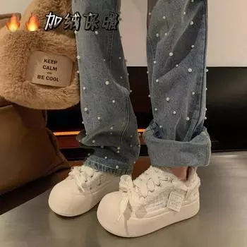 Модная повседневная обувь на платформе Zapatos Mujer осень-зима, новые плюшевые туфли на шнуровке с круглым носком, винтажная вулканизированная обувь, INS, горячая распродажа 35 бежевый