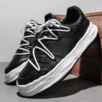 Модная повседневная обувь на плоской подошве, кожаные кроссовки на толстой подошве, мужская спортивная обувь на шнуровке, индивидуальная студенческая прогулочная теннис... 44 черный серый