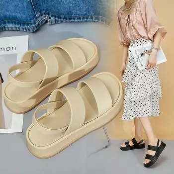 модная повседневная одежда с сандалиями снаружи, летняя женская модель 2024 года в корейском стиле с бисквитом на толстой подошве, небольшого роста и 35 бежевый