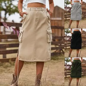 Модная повседневная однотонная джинсовая юбка-миди с полуэластичной резинкой на талии XL чёрный