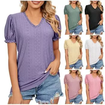 Модная повседневная однотонная футболка с v-образным вырезом и кружевными рукавами принцессы L чёрный