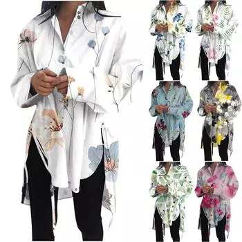 Модная повседневная однотонная рубашка с длинными рукавами и лацканами свободного типа для женщин XXL синий