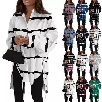 Модная повседневная однотонная рубашка с длинными рукавами и лацканами свободного типа для женщин XXXL