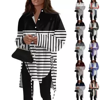 Модная повседневная однотонная рубашка с длинными рукавами и лацканами свободного типа для женщин XXL синий