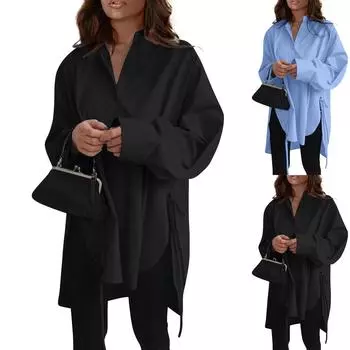 Модная повседневная однотонная рубашка с длинными рукавами и лацканами свободного типа для женщин XXL чёрный