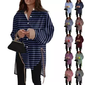 Модная повседневная однотонная рубашка с длинными рукавами и лацканами свободного типа для женщин XL синий