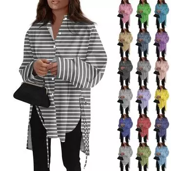 Модная повседневная однотонная рубашка с длинными рукавами и лацканами свободного типа для женщин XL