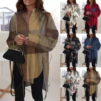 Модная повседневная однотонная рубашка с длинными рукавами и лацканами свободного типа для женщин XXXXL синий