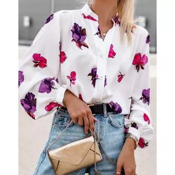 Модная повседневная офисная рубашка с цветочным принтом для женщин, осенняя новая блузка с воротником-стойкой, женские топы с рукавами-фонариками, свободные винтажные блузки больших размеров 24681 S синий