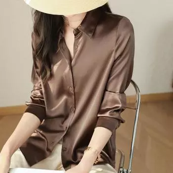 Модная повседневная офисная женская атласная рубашка, свободные топы с длинным рукавом, однотонные женские блузки больших размеров, элегантные винтажные простые женские рубашки на пуговицах 25678 S чёрный