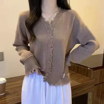 Модная повседневная осенняя одежда, новый грубый край, ленивый ветер, вязаный кардиган, женский свитер с V-образным вырезом и длинными рукавами, внешний верх one size fits all хаки