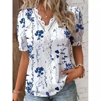 Модная повседневная отпускная рубашка женская летняя с V-образным вырезом, ажурная, однотонная блузка, элегантный женский повседневный топ с жаккардовым узором в полоску S темно-синий