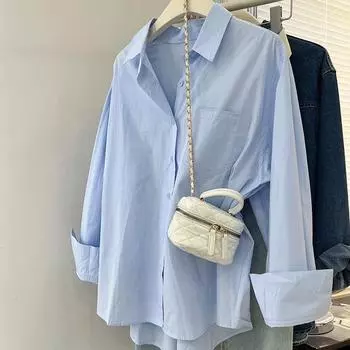 Модная повседневная рубашка с длинным рукавом для офиса, женская куртка, весна и осень, свободная повседневная простая блузка с однотонным карманом, хлопковый топ, женская одежда 2036 S белый