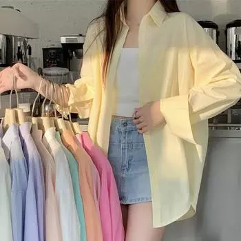 Модная повседневная рубашка с длинным рукавом для женщин, весенние свободные белые топы, однобортные элегантные простые блузки с лацканами для женщин, узкая офисная рубашка 2982 One Size