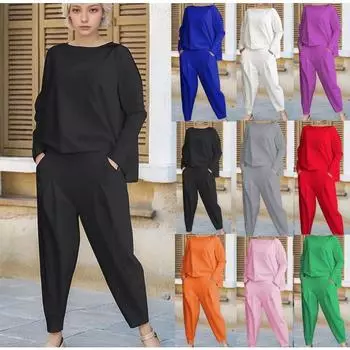 Модная повседневная рубашка с круглым вырезом и длинным рукавом, комплект из двух частей, свободные брюки, осенний однотонный костюм больших размеров с карманами, женская одежда 1846 S чёрный