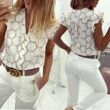 Модная повседневная рубашка с v-образным вырезом и принтом S белый