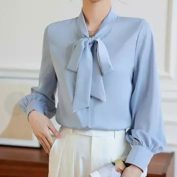 Модная повседневная рубашка с воротником-бабочкой и длинным рукавом, женская элегантная однотонная простая женская блузка и топ, винтажная облегающая белая блузка, женская одежда 25852 S шампанского