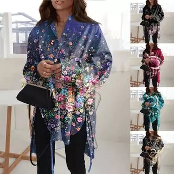 Модная повседневная рубашка свободного кроя с длинным рукавом и лацканами для женщин XXL чёрный