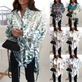 Модная повседневная рубашка свободного типа с длинным рукавом и лацканами для женщин XXXXL синий