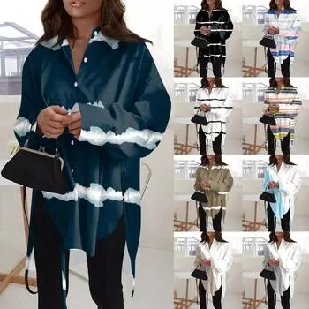 Модная повседневная рубашка свободного типа с пуговицами и полосатым принтом с длинным рукавом и лацканами для женщин L