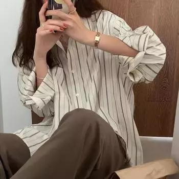 Модная повседневная рубашка в полоску с длинным рукавом для женщин, летняя элегантная свободная блузка на пуговицах, простые офисные женские рубашки, новинка 24303 S