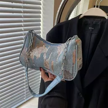 Модная повседневная сумка из денима 2024 года, популярная сумка через плечо с цепочкой в иностранном стиле, персонализированная женская сумка чёрный