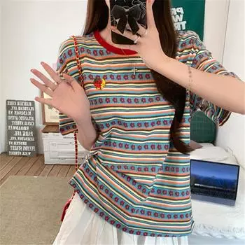 Модная повседневная свободная футболка с цветочными полосками 2025 года, летняя футболка в стиле преппи с коротким рукавом, простые футболки для женщин, студенческая футболка в стиле Харадзюку Kawaii M