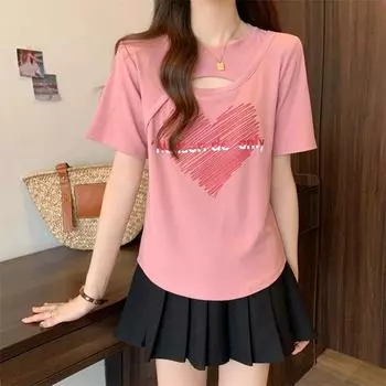 Модная повседневная свободная футболка с круглым вырезом и короткими рукавами, женские летние футболки с нерегулярным графическим принтом, большие размеры 3XL 4XL, розовые футболки, уличная одежда L