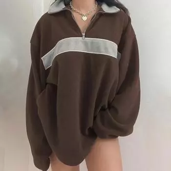 Модная повседневная свободная лоскутная толстовка с капюшоном для женщин, свободная посадка на молнии, большой размер, новинка с v-образным вырезом и длинным рукавом, женская мода, весна-осень S кофейный